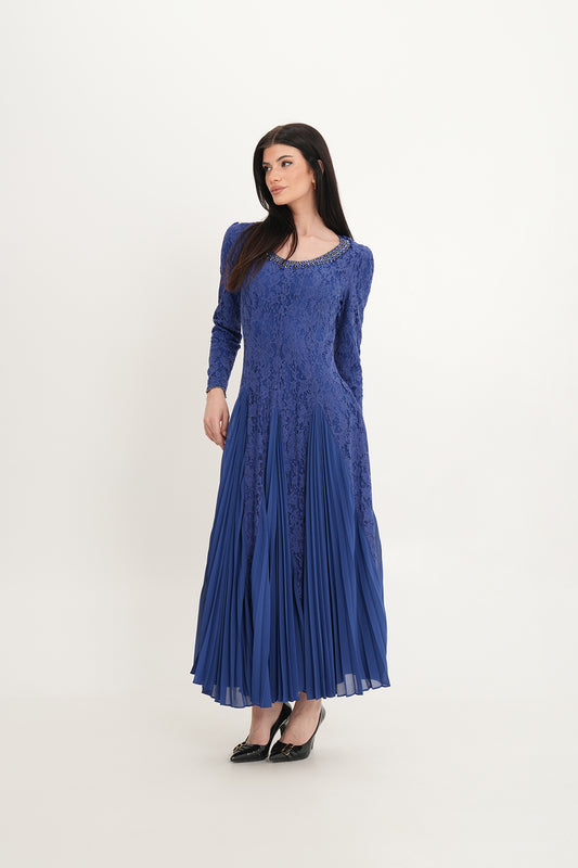 Elegant Lace & Pleated Chiffon Gown with Crystal Neckline