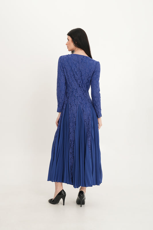 Elegant Lace & Pleated Chiffon Gown with Crystal Neckline