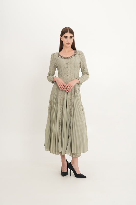 Elegant Lace & Pleated Chiffon Gown with Crystal Neckline