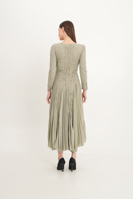 Elegant Lace & Pleated Chiffon Gown with Crystal Neckline