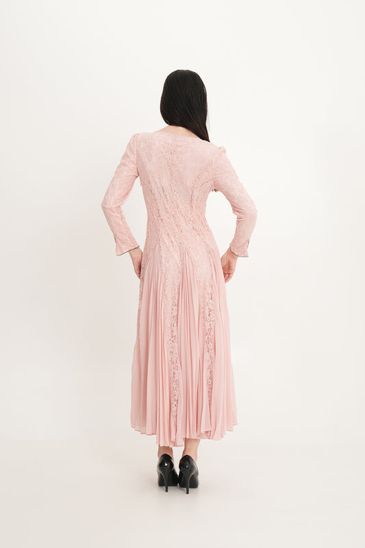 Elegant Lace & Pleated Chiffon Gown with Crystal Neckline