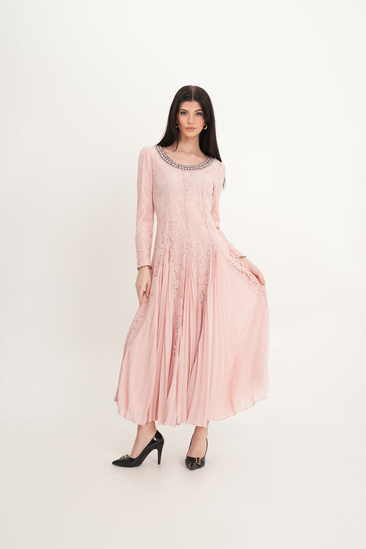 Elegant Lace & Pleated Chiffon Gown with Crystal Neckline