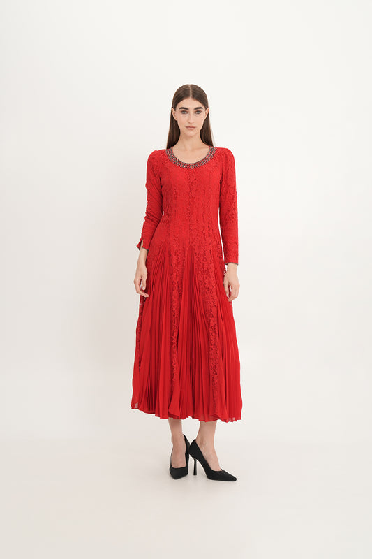 Elegant Lace & Pleated Chiffon Gown with Crystal Neckline