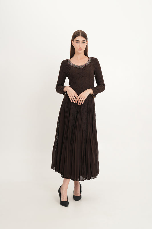Elegant Lace & Pleated Chiffon Gown with Crystal Neckline