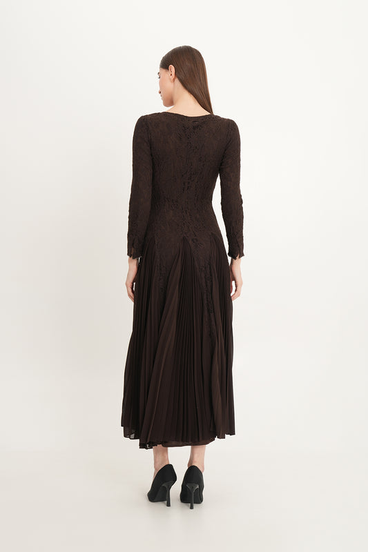 Elegant Lace & Pleated Chiffon Gown with Crystal Neckline