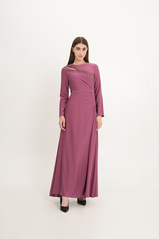 Asymmetrical Beaded Cut-Out Maxi Dress