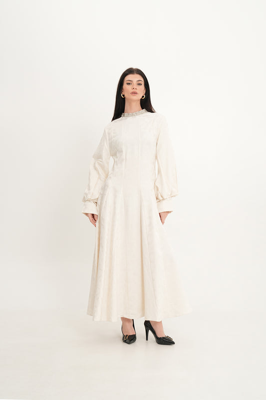 Elegant Jacquard A-Line Dress with Statement Neckline