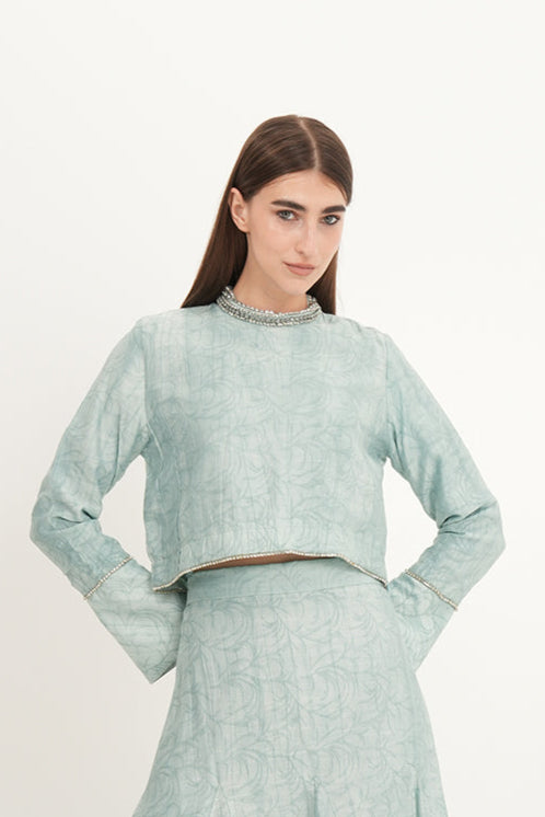 Cropped Crystal-Trimmed Top with Subtle Pattern