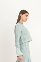 Cropped Crystal-Trimmed Top with Subtle Pattern