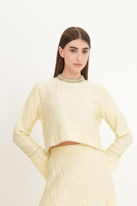 Cropped Crystal-Trimmed Top with Subtle Pattern