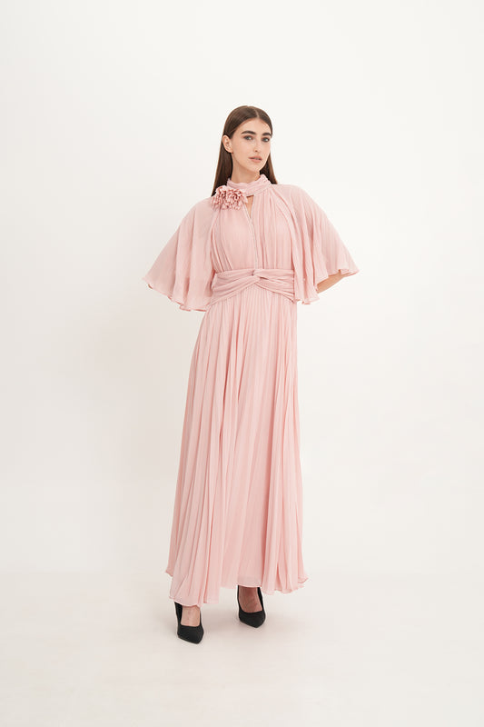 Pleated Chiffon Maxi Dress with Cape Sleeves & Removable Floral Neck Detail