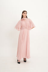 Pleated Chiffon Maxi Dress with Cape Sleeves & Removable Floral Neck Detail