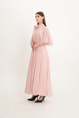 Pleated Chiffon Maxi Dress with Cape Sleeves & Removable Floral Neck Detail