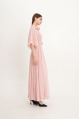 Pleated Chiffon Maxi Dress with Cape Sleeves & Removable Floral Neck Detail