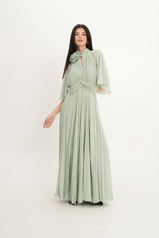 Pleated Chiffon Maxi Dress with Cape Sleeves & Removable Floral Neck Detail