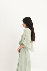 Pleated Chiffon Maxi Dress with Cape Sleeves & Removable Floral Neck Detail