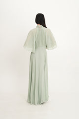 Pleated Chiffon Maxi Dress with Cape Sleeves & Removable Floral Neck Detail