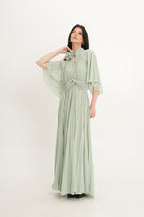 Pleated Chiffon Maxi Dress with Cape Sleeves & Removable Floral Neck Detail