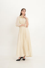 Pleated Chiffon Maxi Dress with Cape Sleeves & Removable Floral Neck Detail