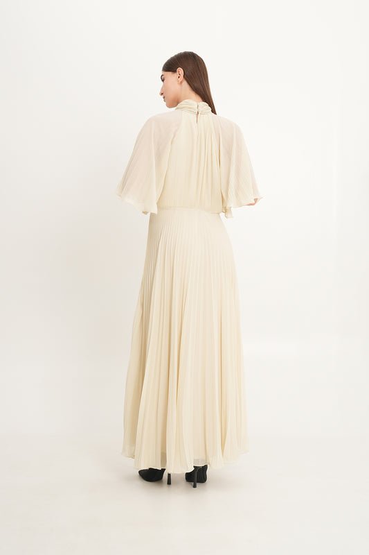 Pleated Chiffon Maxi Dress with Cape Sleeves & Removable Floral Neck Detail