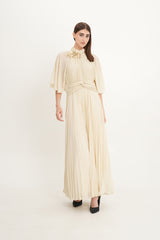 Pleated Chiffon Maxi Dress with Cape Sleeves & Removable Floral Neck Detail