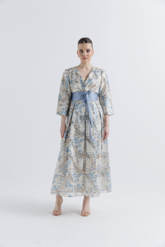 Floral Jacquard Wrap Dress with Sash Belt