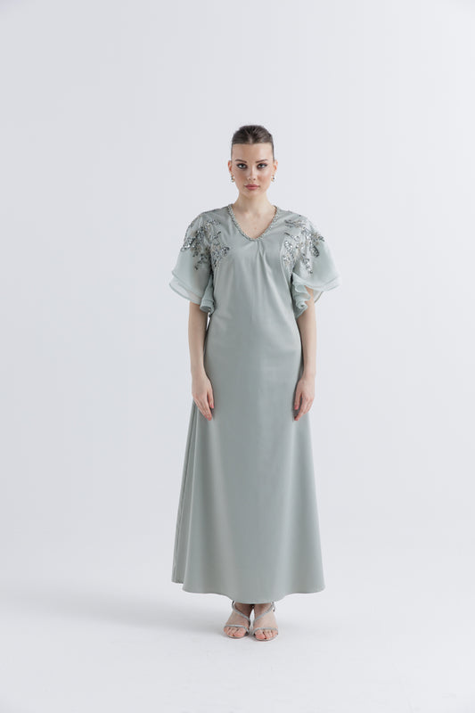 Adorned Flutter-Sleeve Maxi Dress