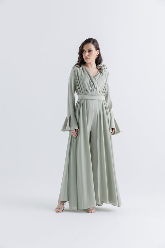 Pleated Chiffon-Satin V-Neck Jumpsuit with Waist Belt & Floral Accent