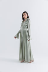 Pleated Chiffon-Satin V-Neck Jumpsuit with Waist Belt & Floral Accent