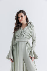 Pleated Chiffon-Satin V-Neck Jumpsuit with Waist Belt & Floral Accent