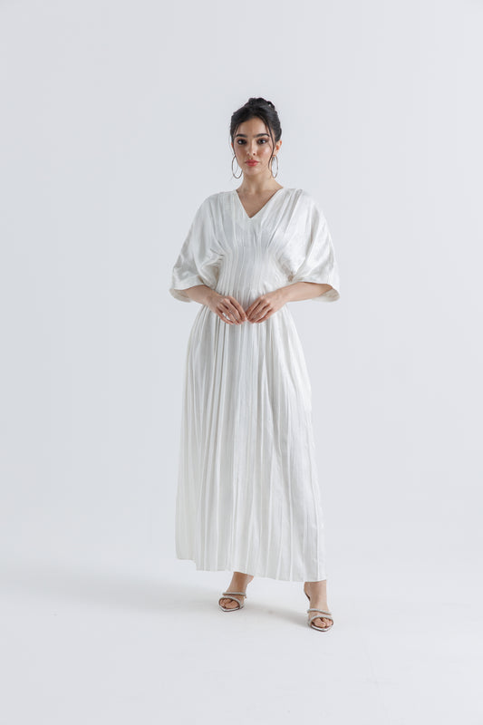 Pleated V-Neck Maxi Dress with High-Low Hem