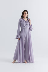 Pleated Chiffon-Satin V-Neck Jumpsuit with Waist Belt & Floral Accent