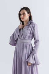 Pleated Chiffon-Satin V-Neck Jumpsuit with Waist Belt & Floral Accent