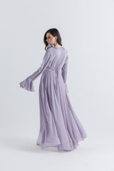 Pleated Chiffon-Satin V-Neck Jumpsuit with Waist Belt & Floral Accent