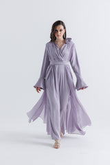 Pleated Chiffon-Satin V-Neck Jumpsuit with Waist Belt & Floral Accent