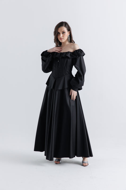 Ruffled Off-Shoulder Corset Maxi Dress