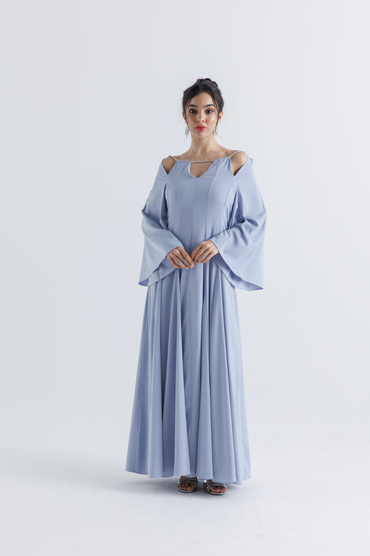 Crystal-Strap Cold Shoulder Gown