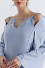 Crystal-Strap Cold Shoulder Gown