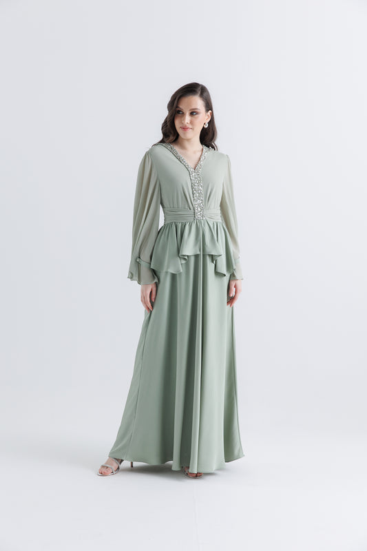 Crystal-Embellished Peplum Gown with Draped Sleeves