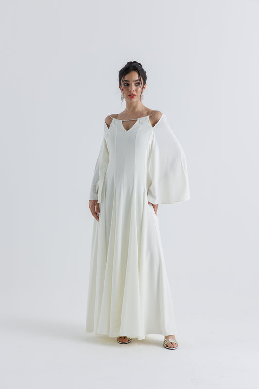 Crystal-Strap Cold Shoulder Gown