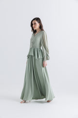 Crystal-Embellished Peplum Gown with Draped Sleeves