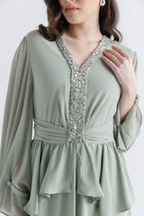 Crystal-Embellished Peplum Gown with Draped Sleeves