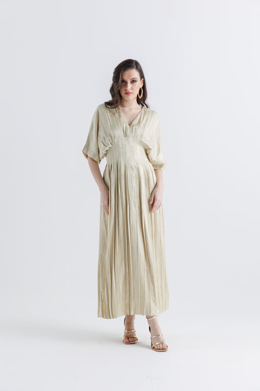 Pleated V-Neck Maxi Dress with High-Low Hem
