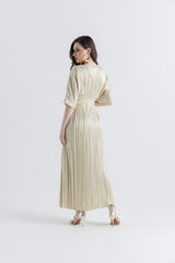 Pleated V-Neck Maxi Dress with High-Low Hem