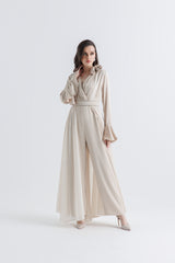 Pleated Chiffon-Satin V-Neck Jumpsuit with Waist Belt & Floral Accent