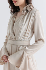 Pleated Chiffon-Satin V-Neck Jumpsuit with Waist Belt & Floral Accent
