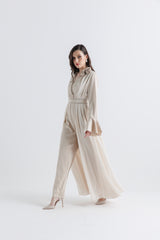 Pleated Chiffon-Satin V-Neck Jumpsuit with Waist Belt & Floral Accent