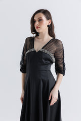 Elegant Satin Dress with Crystal & Net Detailing
