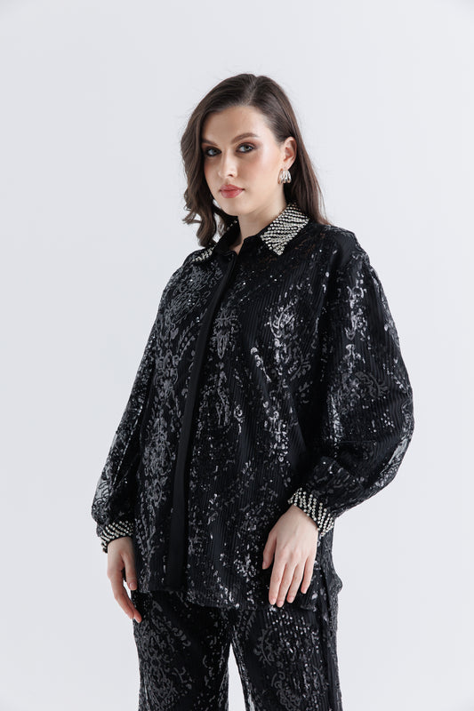 Crystal & Sequin Embellished High-Low Shirt