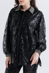 Crystal & Sequin Embellished High-Low Shirt